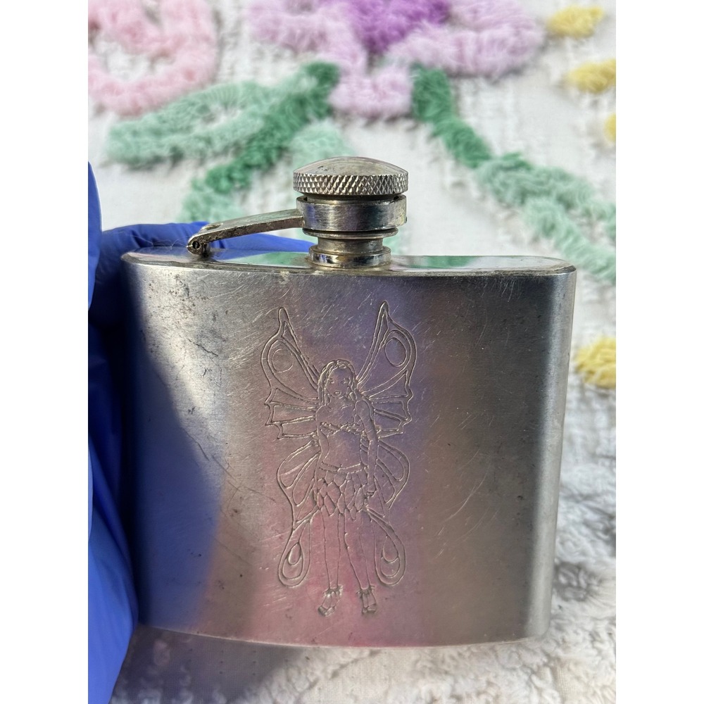 Vintage Fairy Etched Stainless Steel Hip Flask 5oz Silver Y2K Whimsigoth Pocket - Picture 6 of 11